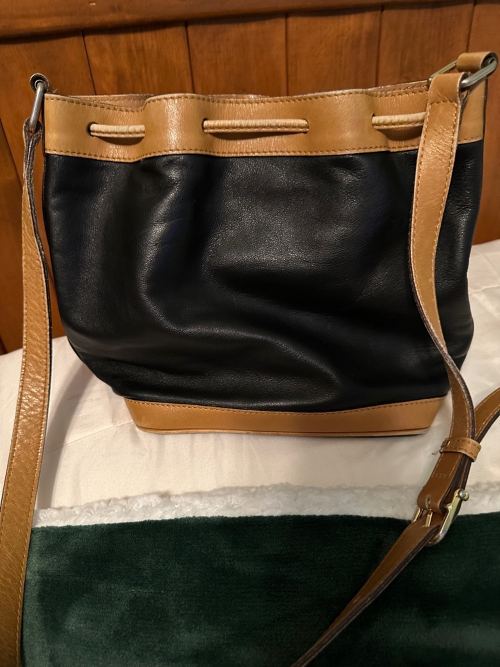 Celine Black Leather Drawstring Hobo with Tan Trim - Picture 3 of 5